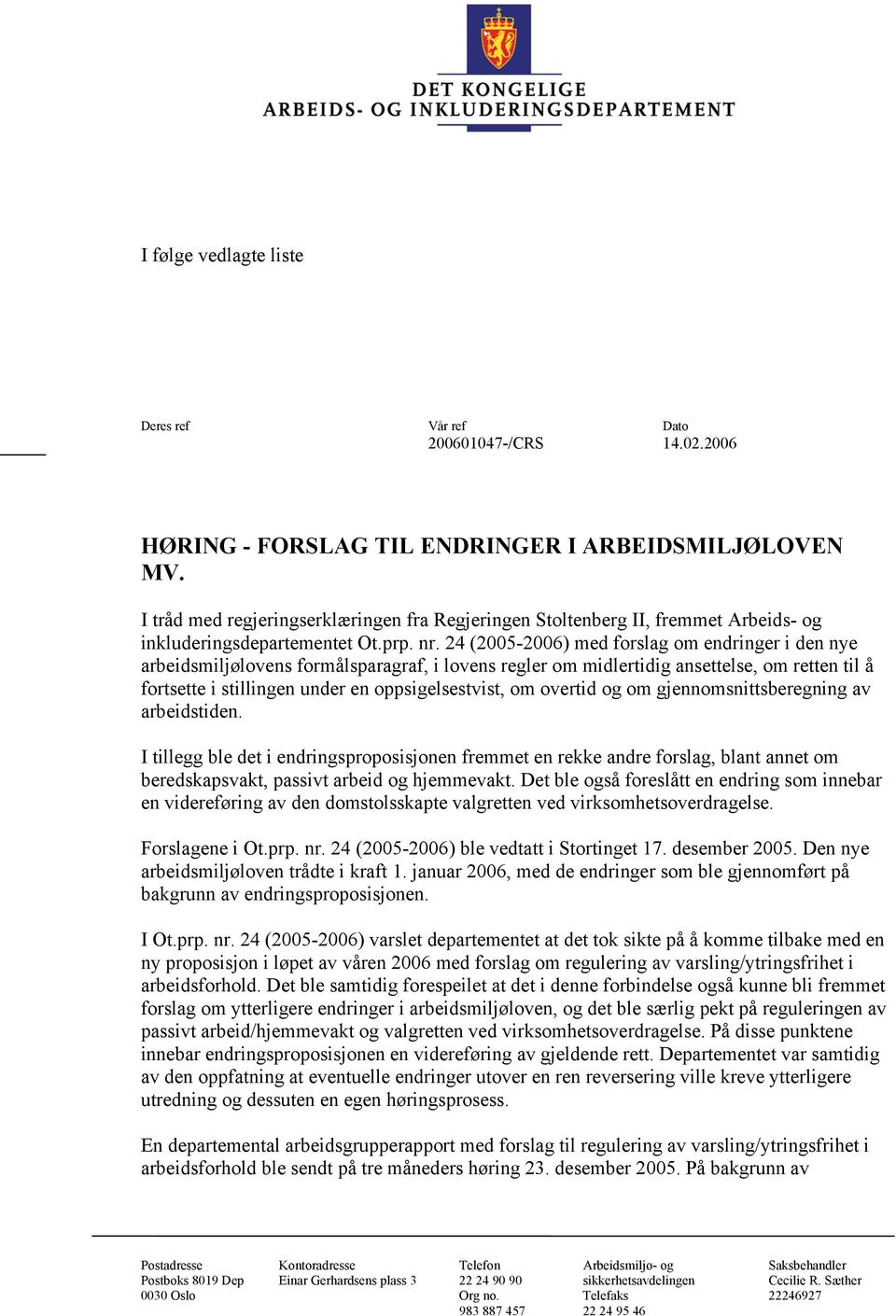 24 (2005-2006) med forslag om endringer i den nye arbeidsmiljølovens formålsparagraf, i lovens regler om midlertidig ansettelse, om retten til å fortsette i stillingen under en oppsigelsestvist, om