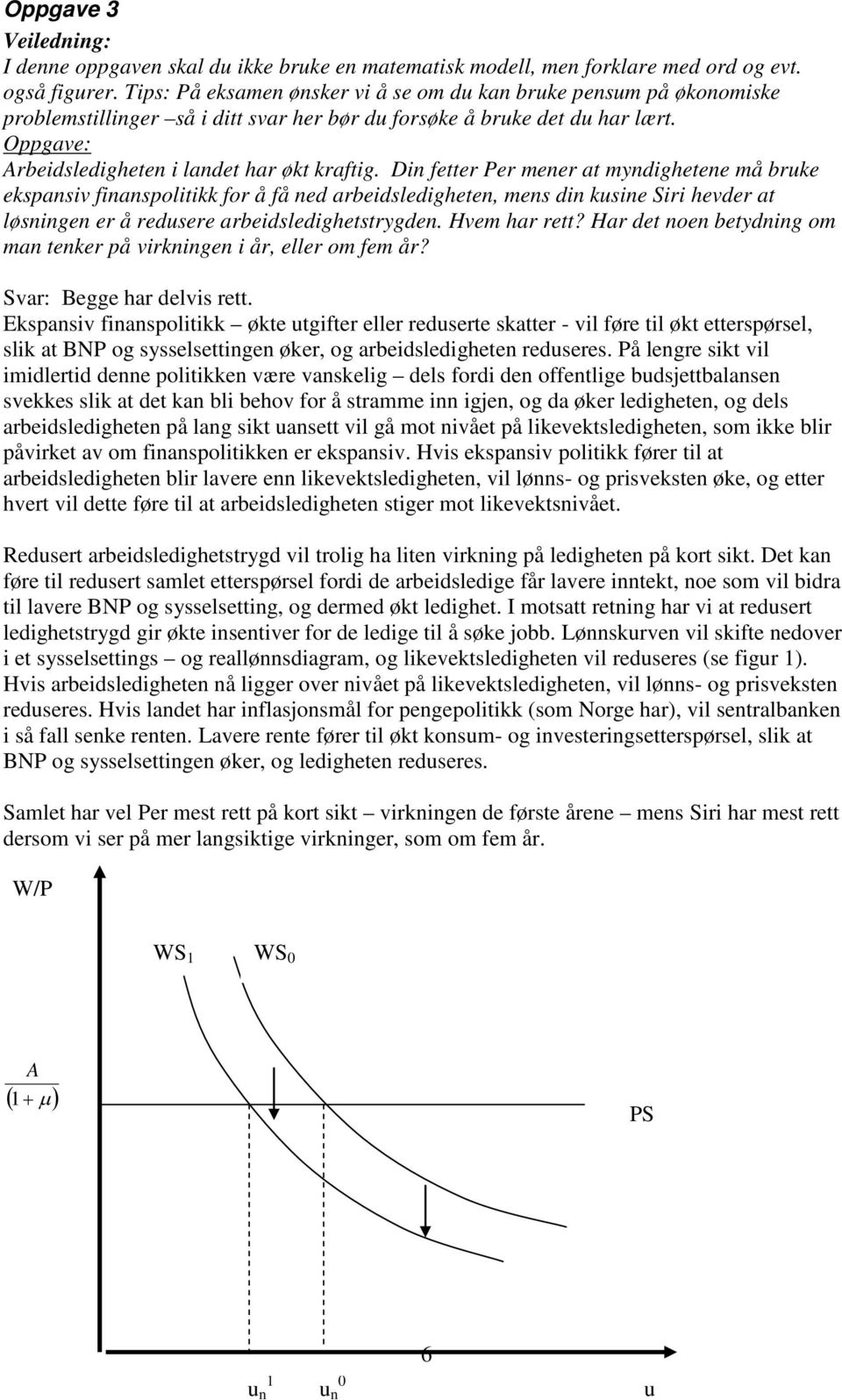 Din fetter Per mener at myndighetene må bruke ekspansiv finanspolitikk for å få ned arbeidsledigheten, mens din kusine Siri hevder at løsningen er å redusere arbeidsledighetstrygden. Hvem har rett?