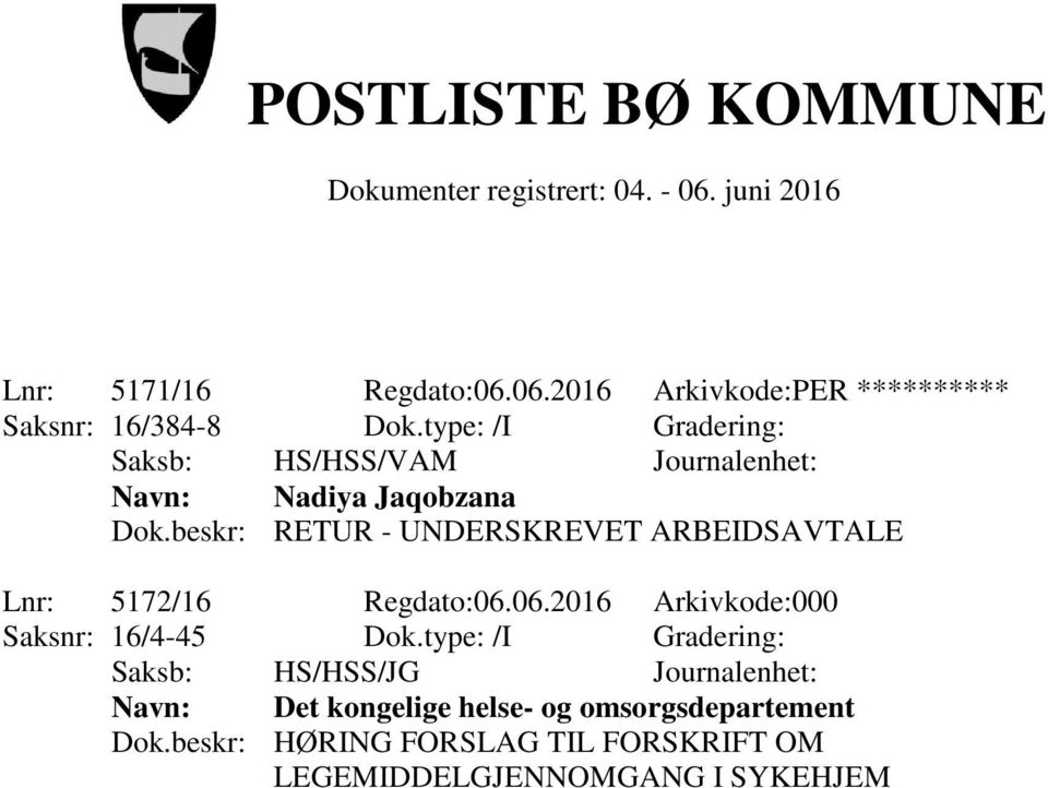 beskr: RETUR - UNDERSKREVET ARBEIDSAVTALE Lnr: 5172/16 Regdato:06.06.2016 Arkivkode:000 Saksnr: 16/4-45 Dok.