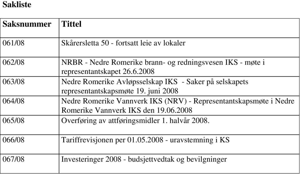 juni 2008 064/08 Nedre Romerike Vannverk IKS (NRV) - Representantskapsmøte i Nedre Romerike Vannverk IKS den 19.06.2008 065/08 Overføring av attføringsmidler 1.