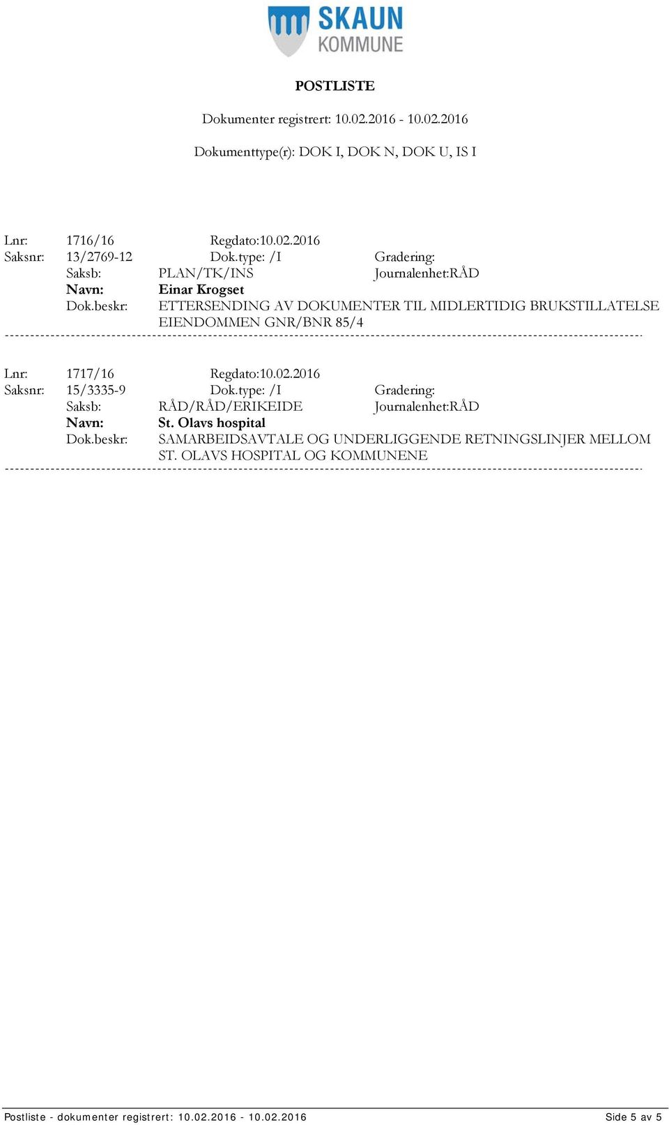 BRUKSTILLATELSE EIENDOMMEN GNR/BNR 85/4 Lnr: 1717/16 Regdato:10.02.2016 Saksnr: 15/3335-9 Dok.