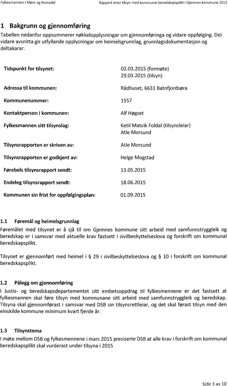 03.2015 (tilsyn) Rådhuset, 6631 Batnfjordsøra Kommunenummer: 1557 Kontaktperson i kommunen: Fylkesmannen sitt tilsynslag: Tilsynsrapporten er skriven av: Tilsynsrapporten er godkjent av: Alf Høgset