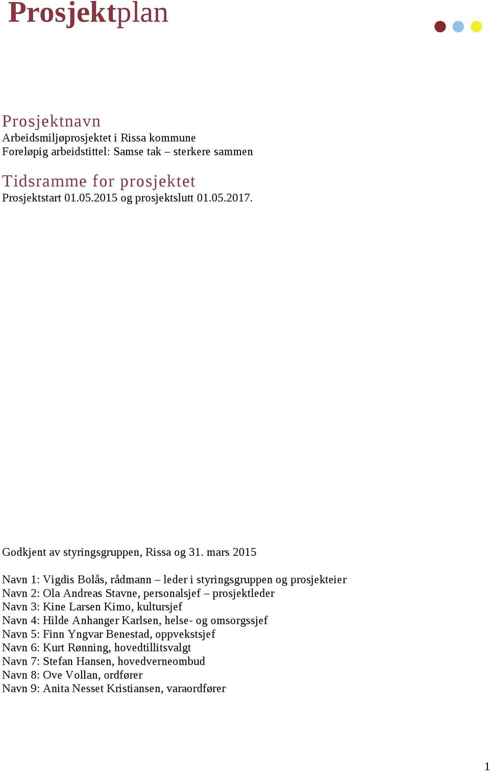 mars 2015 Navn 1: Vigdis Bolås, rådmann leder i styringsgruppen og prosjekteier Navn 2: Ola Andreas Stavne, personalsjef prosjektleder Navn 3: Kine Larsen Kimo,