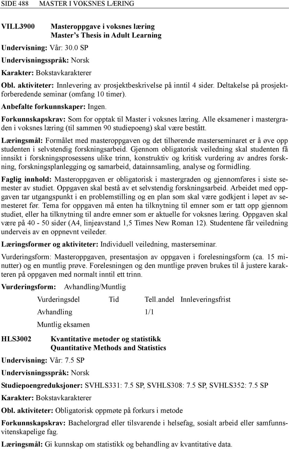 Alle eksamener i mastergraden i voksnes læring (til sammen 90 studiepoeng) skal være bestått.