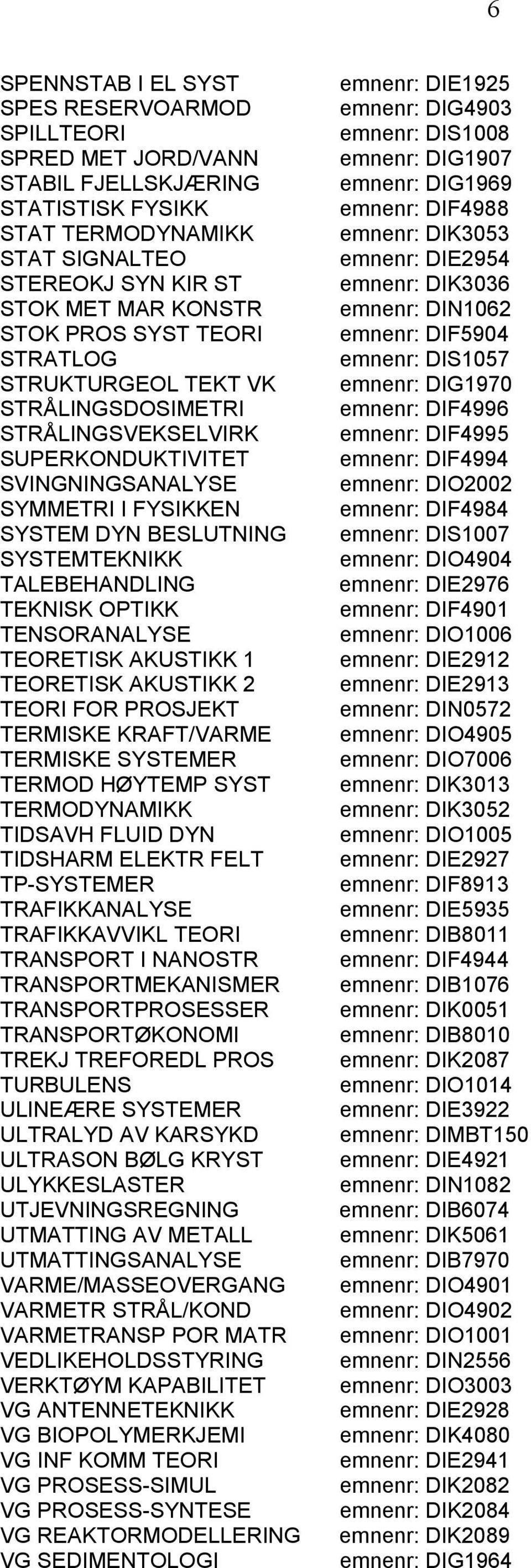 TENSORANALYSE TEORETISK AKUSTIKK 1 TEORETISK AKUSTIKK 2 TEORI FOR PROSJEKT TERMISKE KRAFT/VARME TERMISKE SYSTEMER TERMOD HØYTEMP SYST TERMODYNAMIKK TIDSAVH FLUID DYN TIDSHARM ELEKTR FELT TP-SYSTEMER