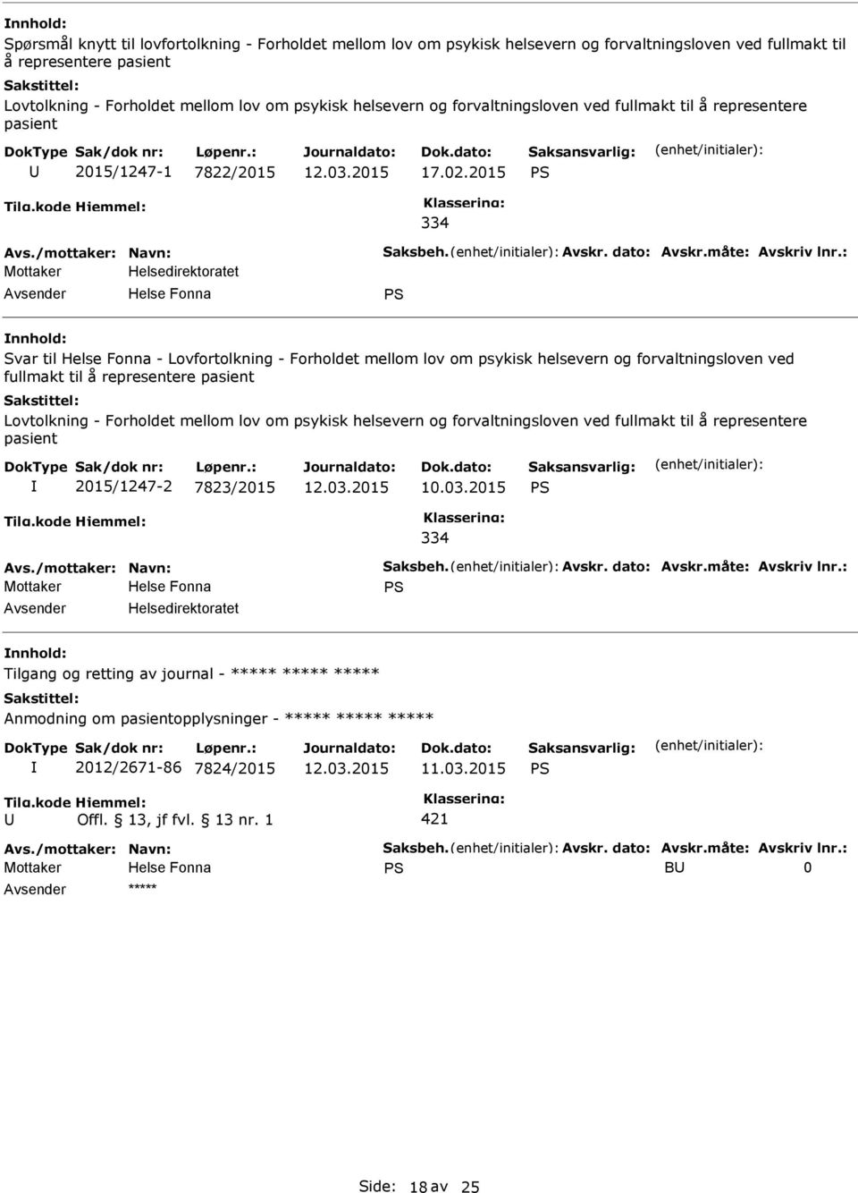 : Helsedirektoratet S Svar til - Lovfortolkning - Forholdet mellom lov om psykisk helsevern og forvaltningsloven ved fullmakt til å representere pasient Lovtolkning - Forholdet mellom lov om psykisk