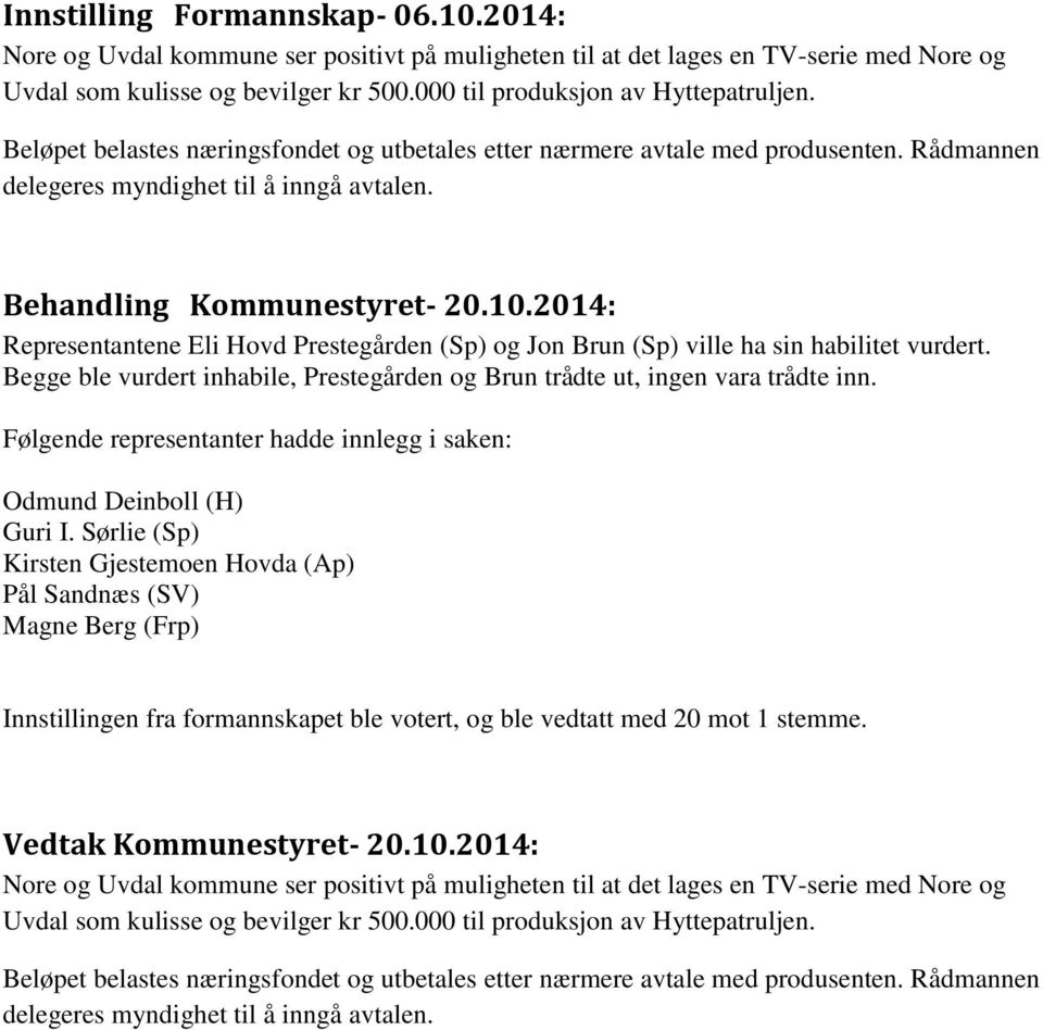 10.2014: Representantene Eli Hovd Prestegården (Sp) og Jon Brun (Sp) ville ha sin habilitet vurdert. Begge ble vurdert inhabile, Prestegården og Brun trådte ut, ingen vara trådte inn.