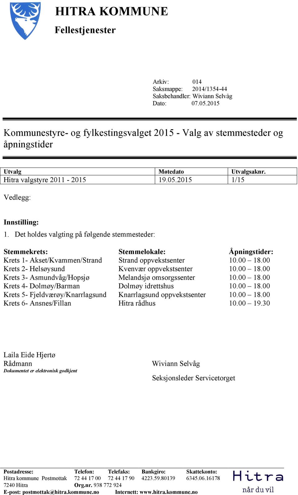 Det holdes valgting på følgende stemmesteder: Stemmekrets: Stemmelokale: Åpningstider: Krets 1- Akset/Kvammen/Strand Strand oppvekstsenter 10.00 18.00 Krets 2- Helsøysund Kvenvær oppvekstsenter 10.