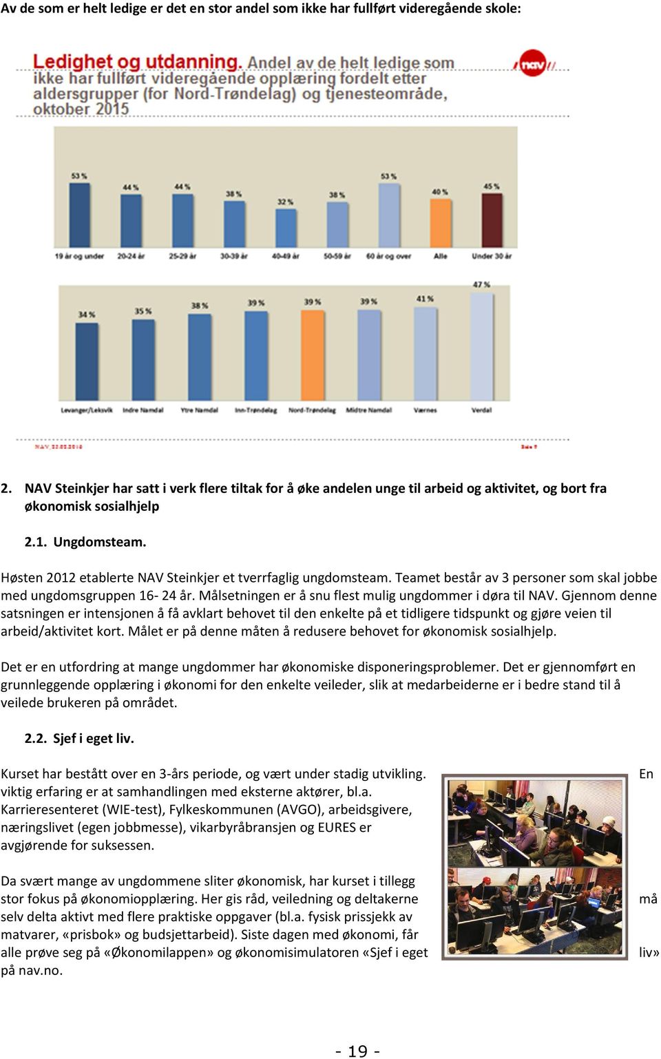 Høsten 2012 etablerte NAV Steinkjer et tverrfaglig ungdomsteam. Teamet består av 3 personer som skal jobbe med ungdomsgruppen 16-24 år. Målsetningen er å snu flest mulig ungdommer i døra til NAV.