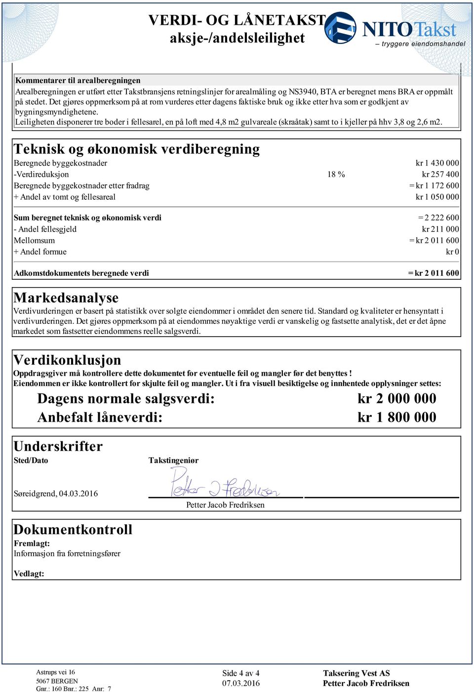 (skraåtak) samt to i kjeller på hhv 3,8 og 2,6 m2 Teknisk og økonomisk verdiberegning Beregnede byggekostnader kr 1 430 000 -Verdireduksjon 18 % kr 257 400 Beregnede byggekostnader etter fradrag = kr