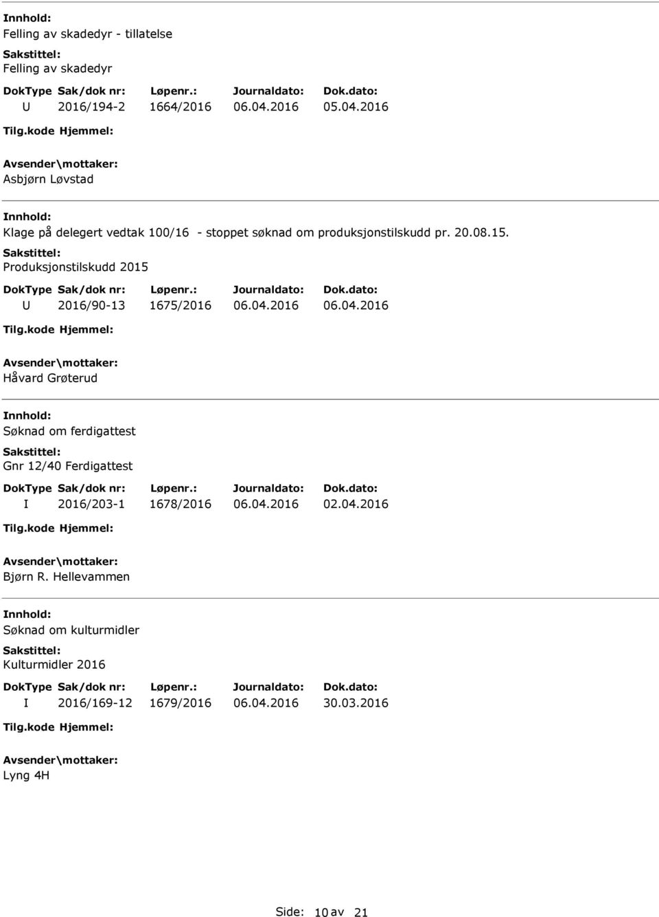 Produksjonstilskudd 2015 2016/90-13 1675/2016 Håvard Grøterud Søknad om ferdigattest Gnr 12/40