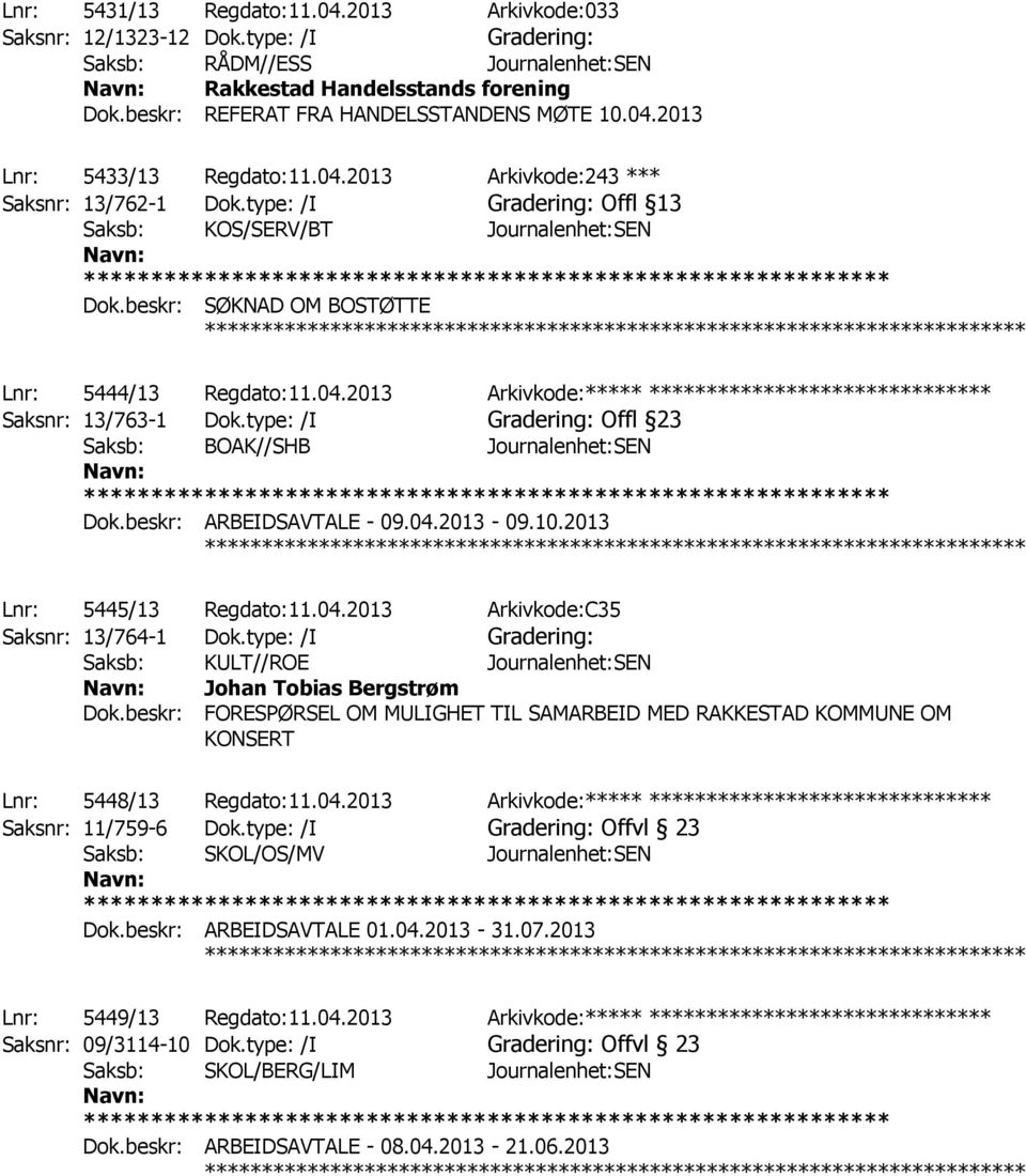 type: /I Gradering: Offl 13 Saksb: KOS/SERV/BT Journalenhet:SEN Dok.beskr: SØKNAD OM BOSTØTTE ************ Lnr: 5444/13 Regdato:11.04.