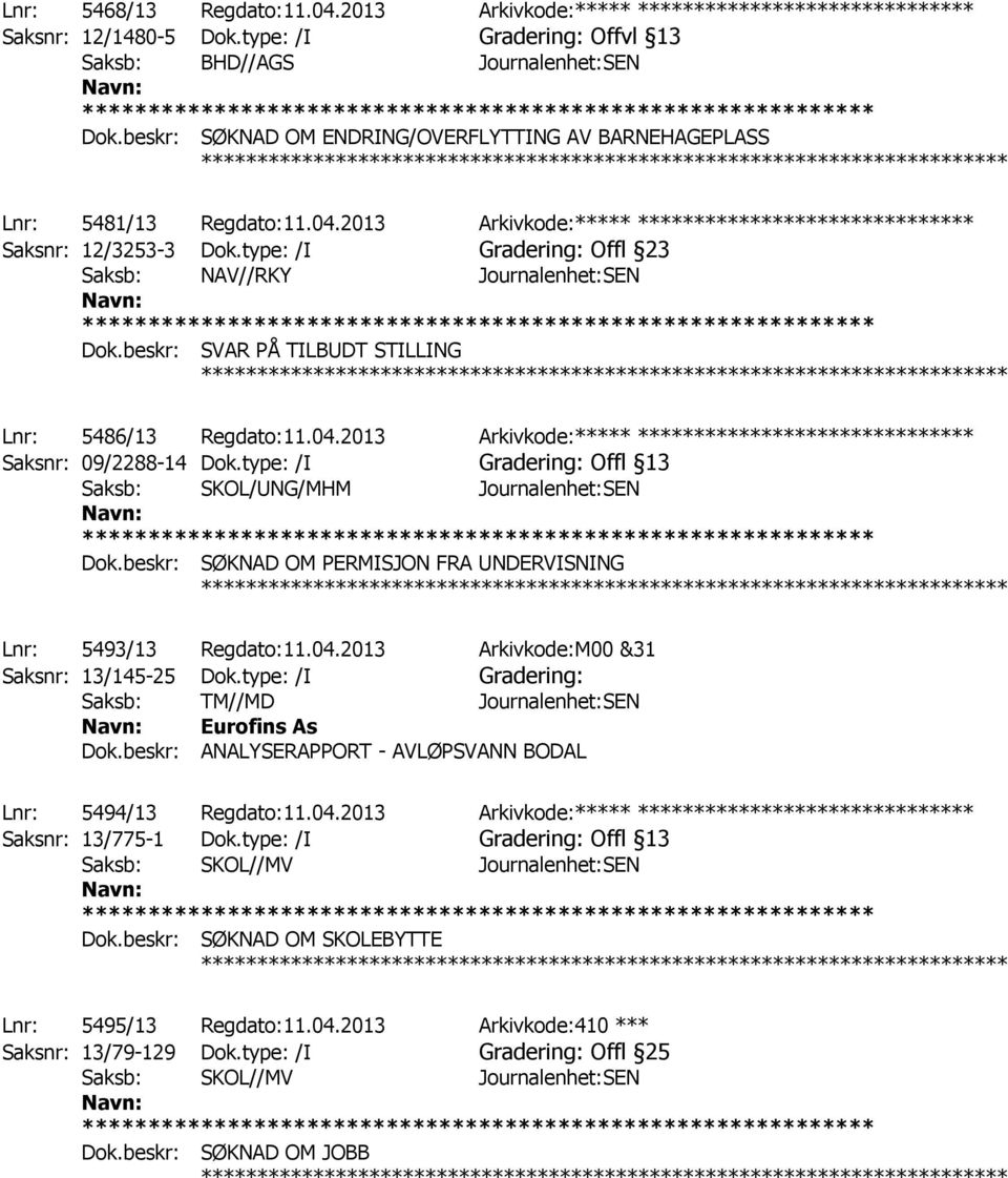 type: /I Gradering: Offl 23 Saksb: NAV//RKY Journalenhet:SEN Dok.beskr: SVAR PÅ TILBUDT STILLING ************ Lnr: 5486/13 Regdato:11.04.