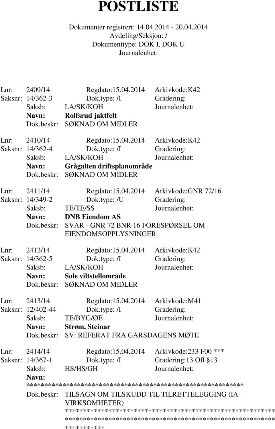 type: /U Gradering: Saksb: TE/TE/SS DNB Eiendom AS Dok.beskr: SVAR - GNR 72 BNR 16 FORESPØRSEL OM EIENDOMSOPPLYSNINGER Lnr: 2412/14 Regdato:15.04.2014 Arkivkode:K42 Saksnr: 14/362-5 Dok.