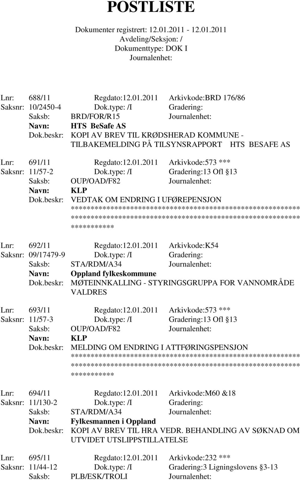 type: /I Gradering:13 Ofl 13 Saksb: OUP/OAD/F82 KLP Dok.beskr: VEDTAK OM ENDRING I UFØREPENSJON Lnr: 692/11 Regdato:12.01.2011 Arkivkode:K54 Saksnr: 09/17479-9 Dok.