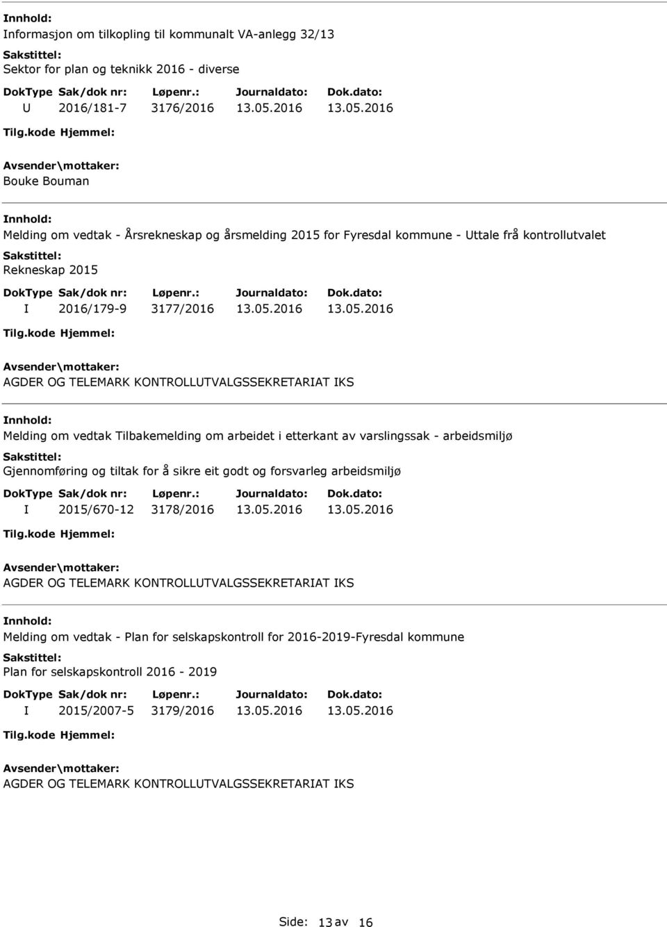 etterkant av varslingssak - arbeidsmiljø Gjennomføring og tiltak for å sikre eit godt og forsvarleg arbeidsmiljø 2015/670-12 3178/2016 AGDER OG TELEMARK KONTROLLTVALGSSEKRETARAT KS