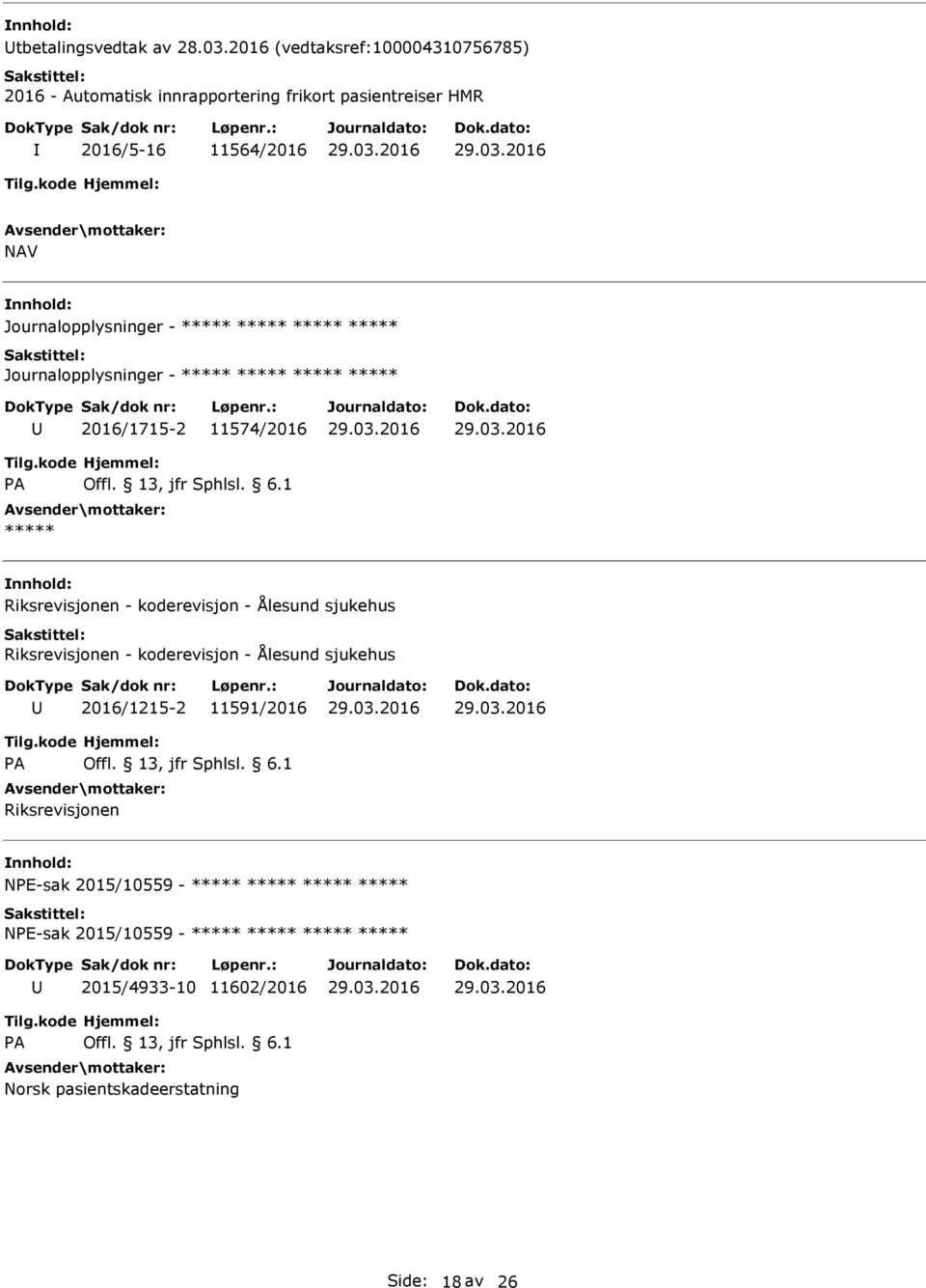 11564/2016 NAV Journalopplysninger - Journalopplysninger - 2016/1715-2 11574/2016 Riksrevisjonen - koderevisjon -