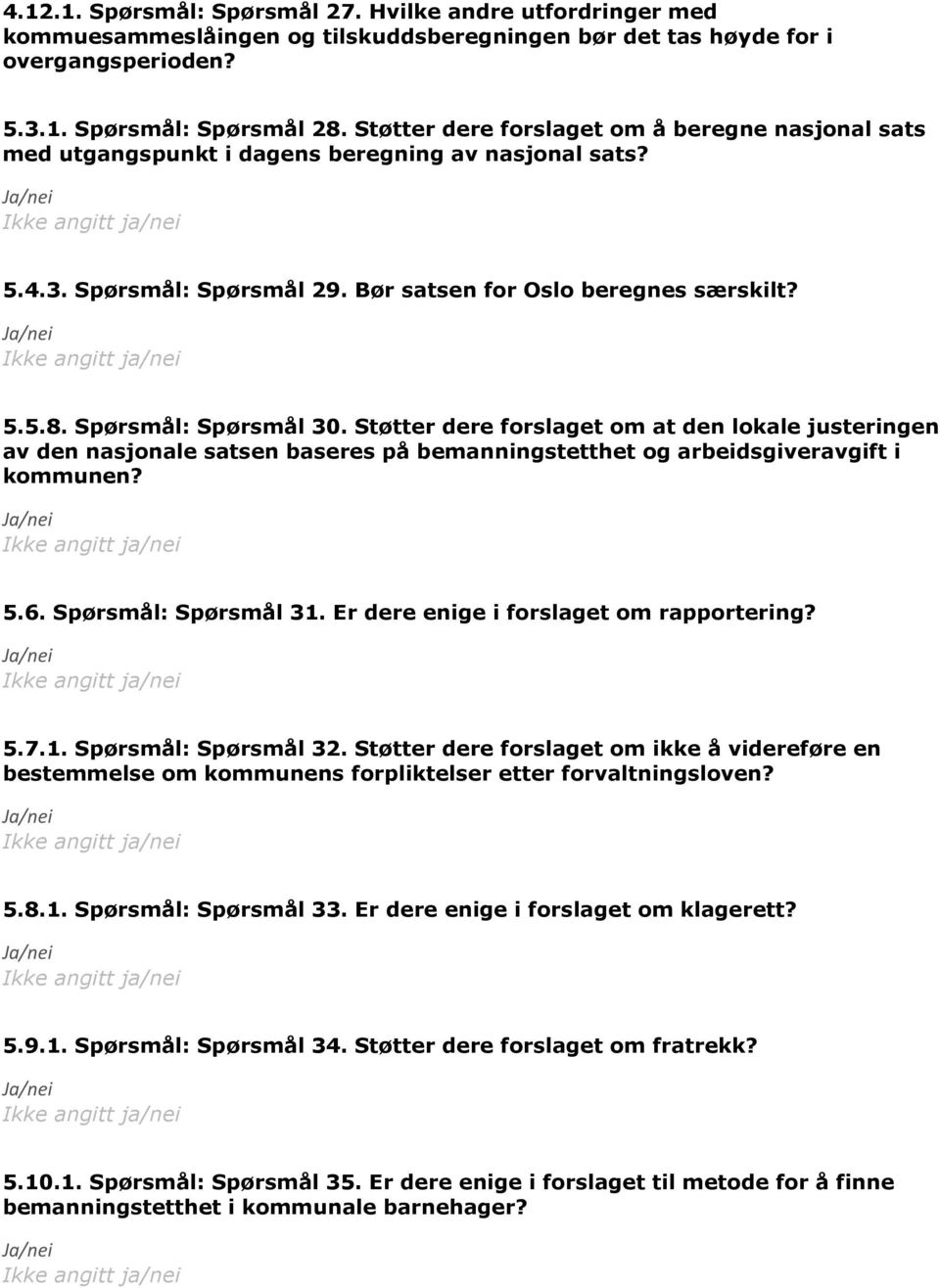 Spørsmål: Spørsmål 30. Støtter dere forslaget om at den lokale justeringen av den nasjonale satsen baseres på bemanningstetthet og arbeidsgiveravgift i kommunen? 5.6. Spørsmål: Spørsmål 31.