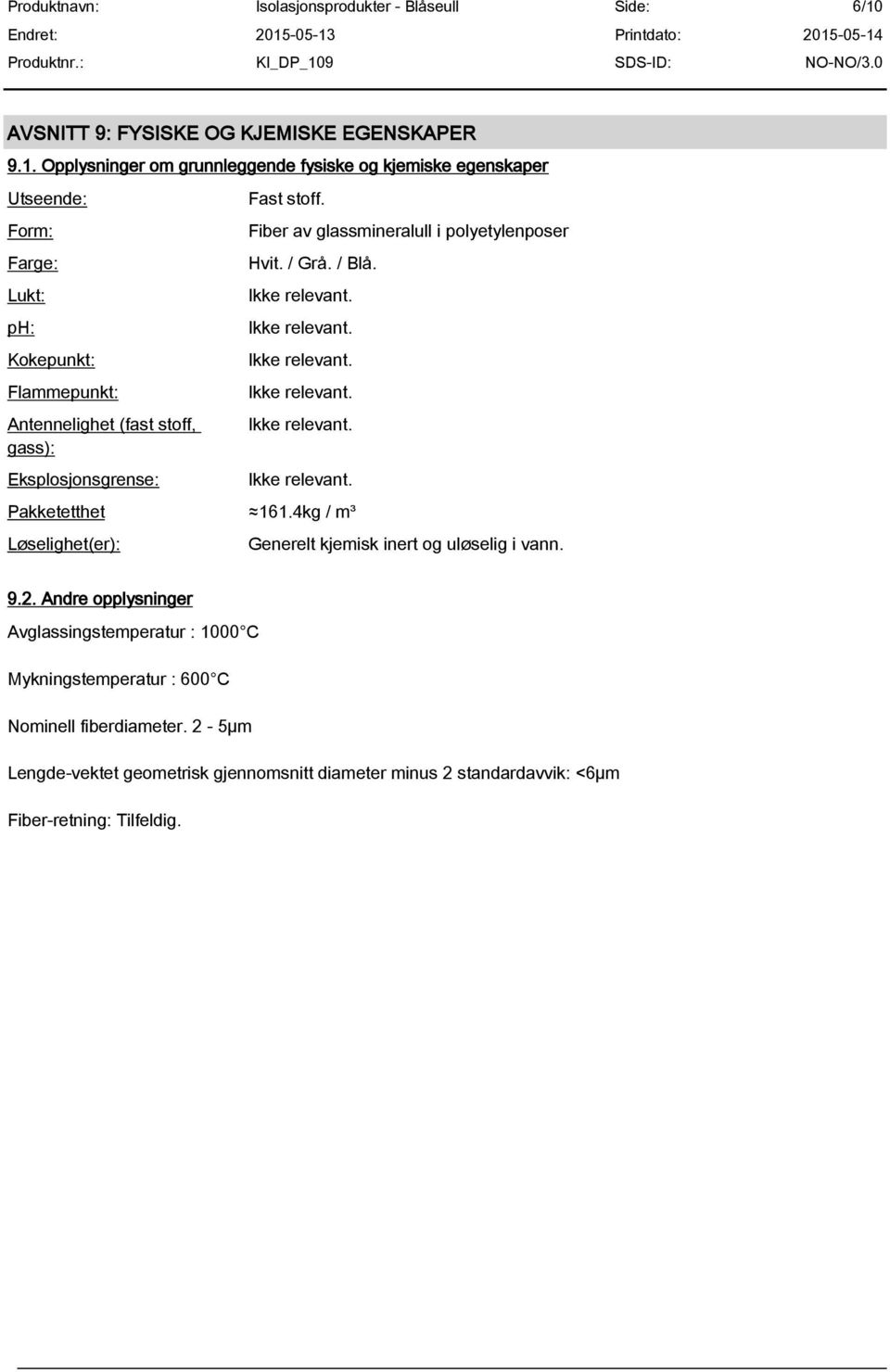 / Blå. Pakketetthet 161.4kg / m³ Løselighet(er): Generelt kjemisk inert og uløselig i vann. 9.2.