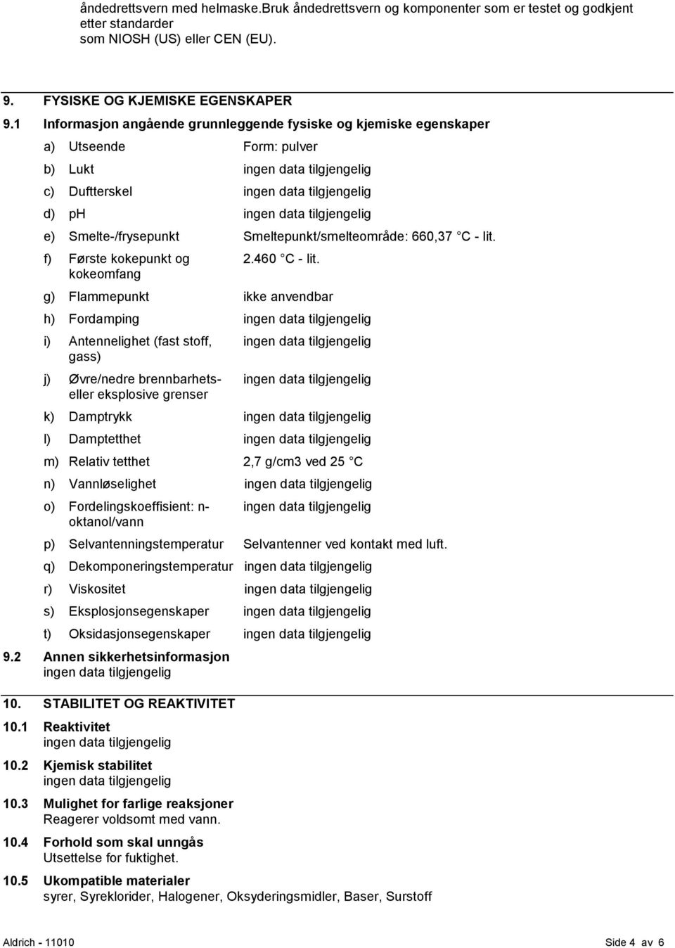 f) Første kokepunkt og kokeomfang 2.460 C - lit.