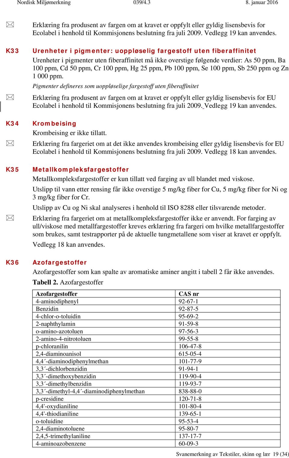 Urenheter i pigmenter: uoppløselig fargestoff uten fiberaffinitet Urenheter i pigmenter uten fiberaffinitet må ikke overstige følgende verdier: As 50 ppm, Ba 100 ppm, Cd 50 ppm, Cr 100 ppm, Hg 25