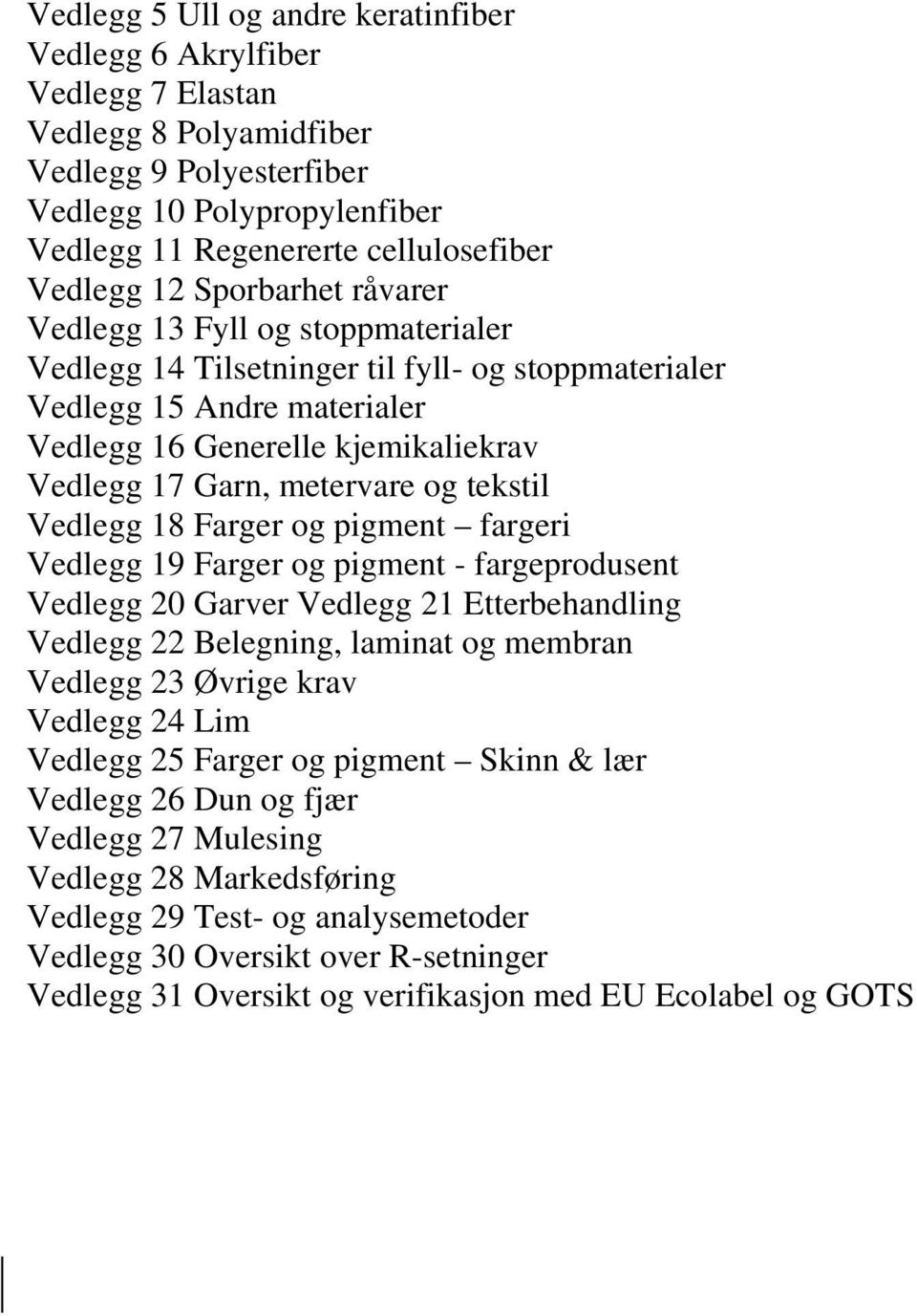 metervare og tekstil Vedlegg 18 Farger og pigment fargeri Vedlegg 19 Farger og pigment - fargeprodusent Vedlegg 20 Garver Vedlegg 21 Etterbehandling Vedlegg 22 Belegning, laminat og membran Vedlegg