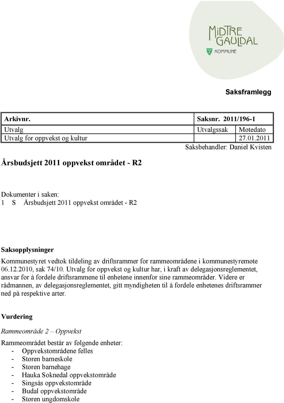 2011 Saksbehandler: Daniel Kvisten Årsbudsjett 2011 oppvekst området - R2 Dokumenter i saken: 1 S Årsbudsjett 2011 oppvekst området - R2 Saksopplysninger Kommunestyret vedtok tildeling av