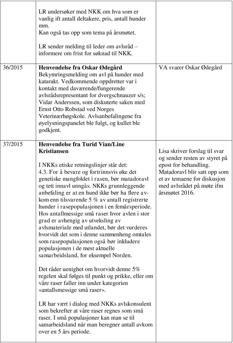 Vedkommende oppdretter var i kontakt med daværende/fungerende avlsrådsrepresentant for dvergschnauzer s/s; Vidar Anderssen, som diskuterte saken med Ernst Otto Robstad ved Norges Veterinærhøgskole.