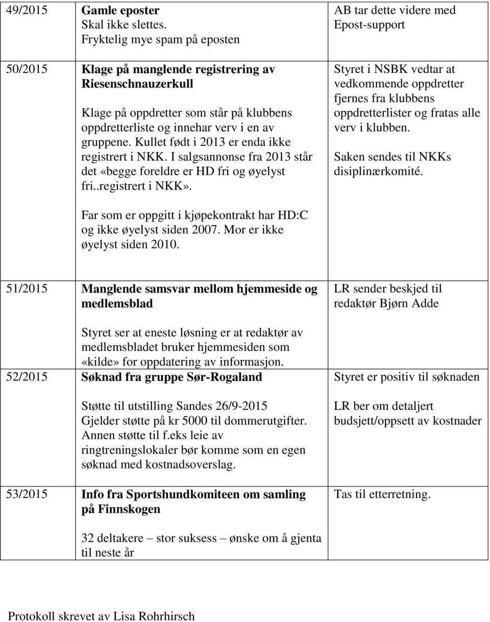 Kullet født i 2013 er enda ikke registrert i NKK. I salgsannonse fra 2013 står det «begge foreldre er HD fri og øyelyst fri..registrert i NKK».