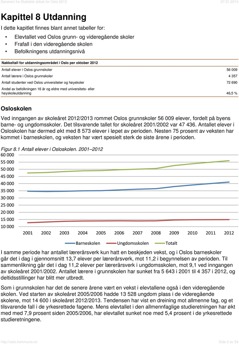 befolkningen 16 år og eldre med universitets- eller høyskoleutdanning 46,5 % Osloskolen Ved inngangen av skoleåret 2012/2013 rommet Oslos grunnskoler 56 009 elever, fordelt på byens barne- og