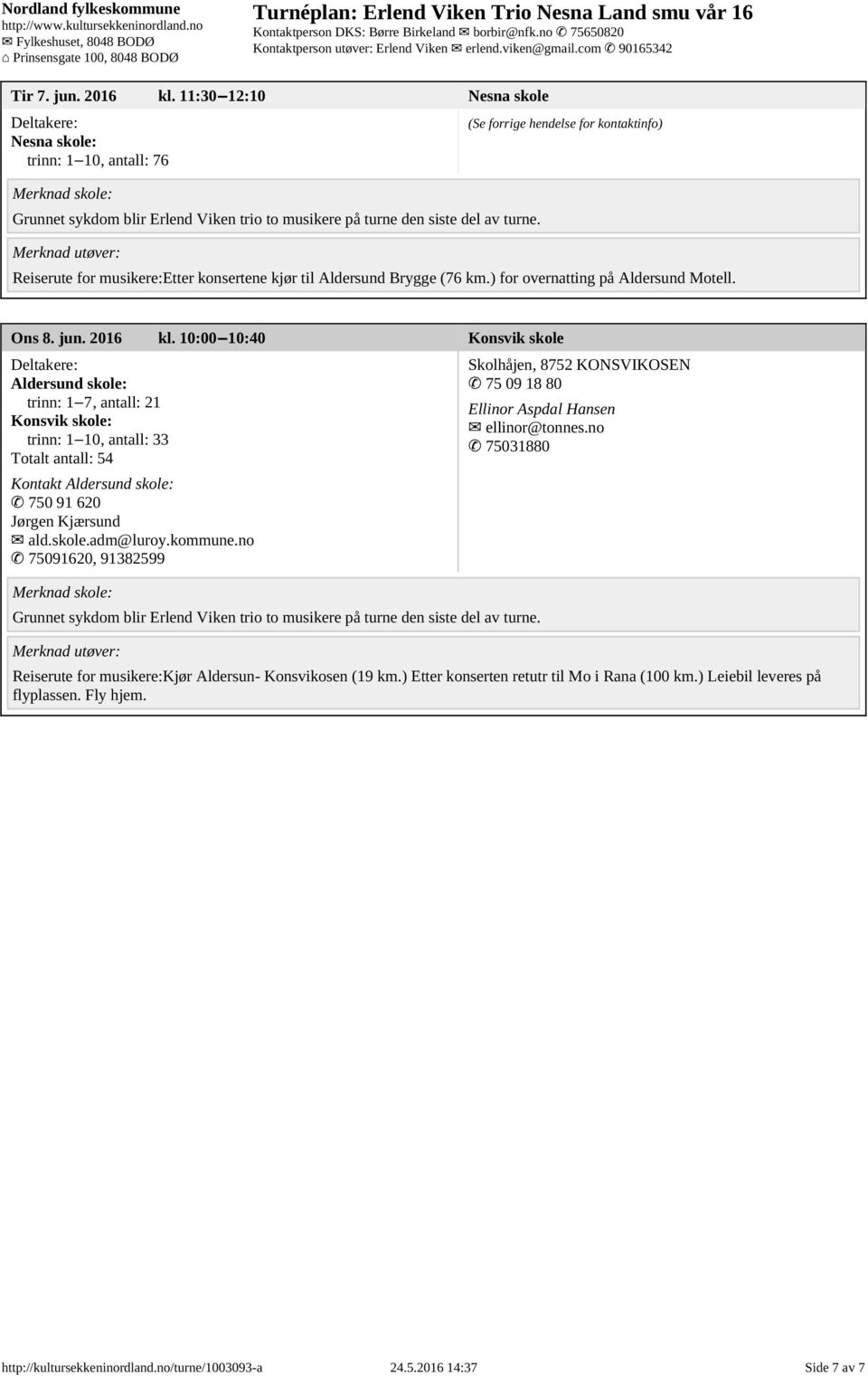 10:00 10:40 Konsvik skole Aldersund skole: trinn: 1 7, antall: 21 Konsvik skole: trinn: 1 10, antall: 33 Totalt antall: 54 Kontakt Aldersund skole: 750 91 620 Jørgen Kjærsund ald.skole.adm@luroy.