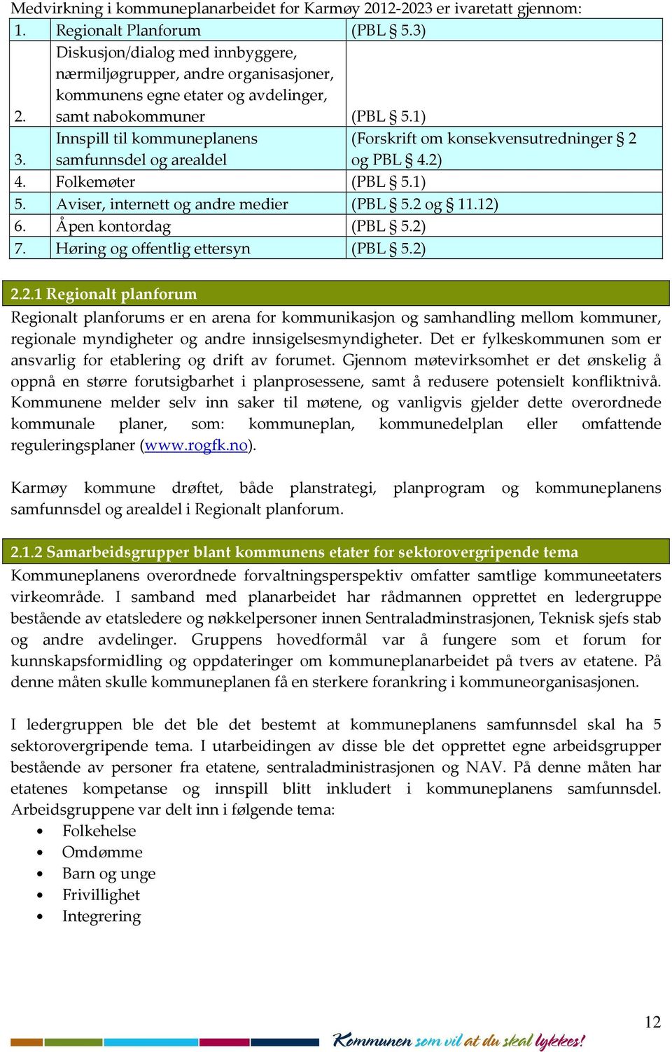 Innspill til kommuneplanens samfunnsdel og arealdel (Forskrift om konsekvensutredninger 2 og PBL 4.2) 4. Folkemøter (PBL 5.1) 5. Aviser, internett og andre medier (PBL 5.2 og 11.12) 6.