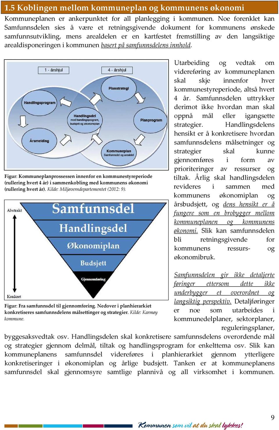 kommunen basert på samfunnsdelens innhold. Figur: Kommuneplanprossessen innenfor en kommunestyreperiode (rullering hvert 4 år) i sammenkobling med kommunens økonomi (rullering hvert år).