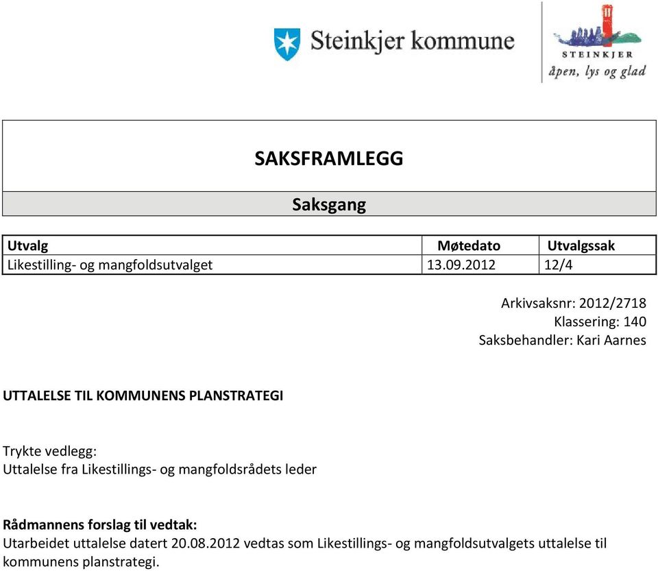 PLANSTRATEGI Trykte vedlegg: Uttalelse fra Likestillings- og mangfoldsrådets leder Rådmannens forslag til