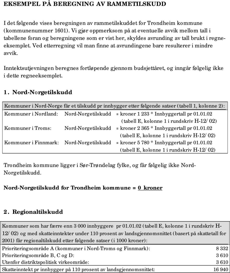 Ved etterregning vil man finne at avrundingene bare resulterer i mindre avvik. Inntektsutjevningen beregnes fortløpende gjennom budsjettåret, og inngår følgelig ikke i dette regneeksemplet. 1.