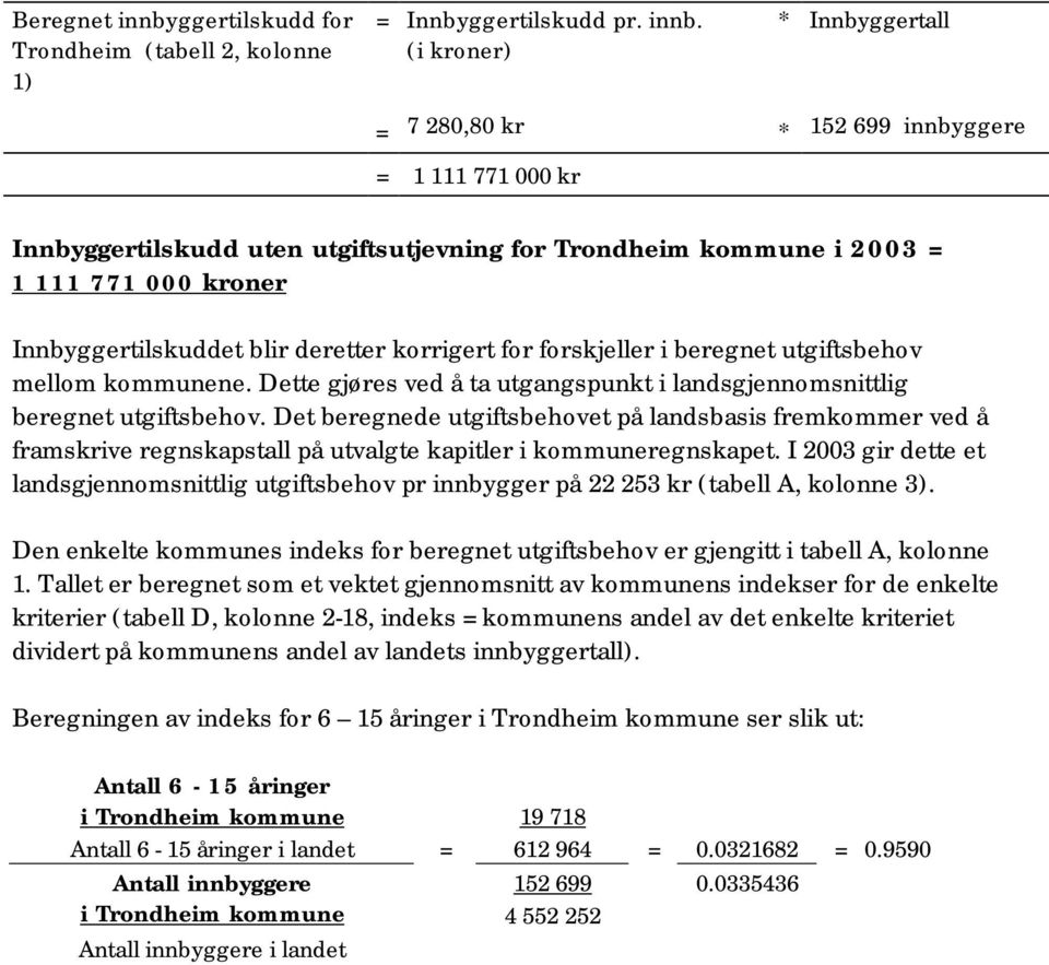 (i kroner) * Innbyggertall = 7 280,80 kr * 152 699 innbyggere = 1 111 771 000 kr Innbyggertilskudd uten utgiftsutjevning for Trondheim kommune i 2003 = 1 111 771 000 kroner Innbyggertilskuddet blir