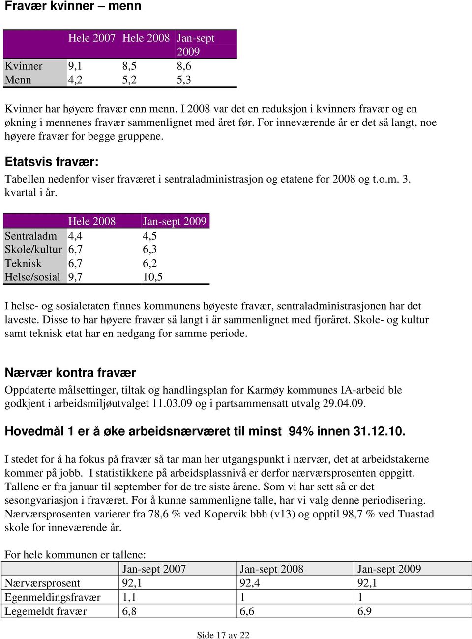 Etatsvis fravær: Tabellen nedenfor viser fraværet i sentraladministrasjon og etatene for 2008 og t.o.m. 3. kvartal i år.