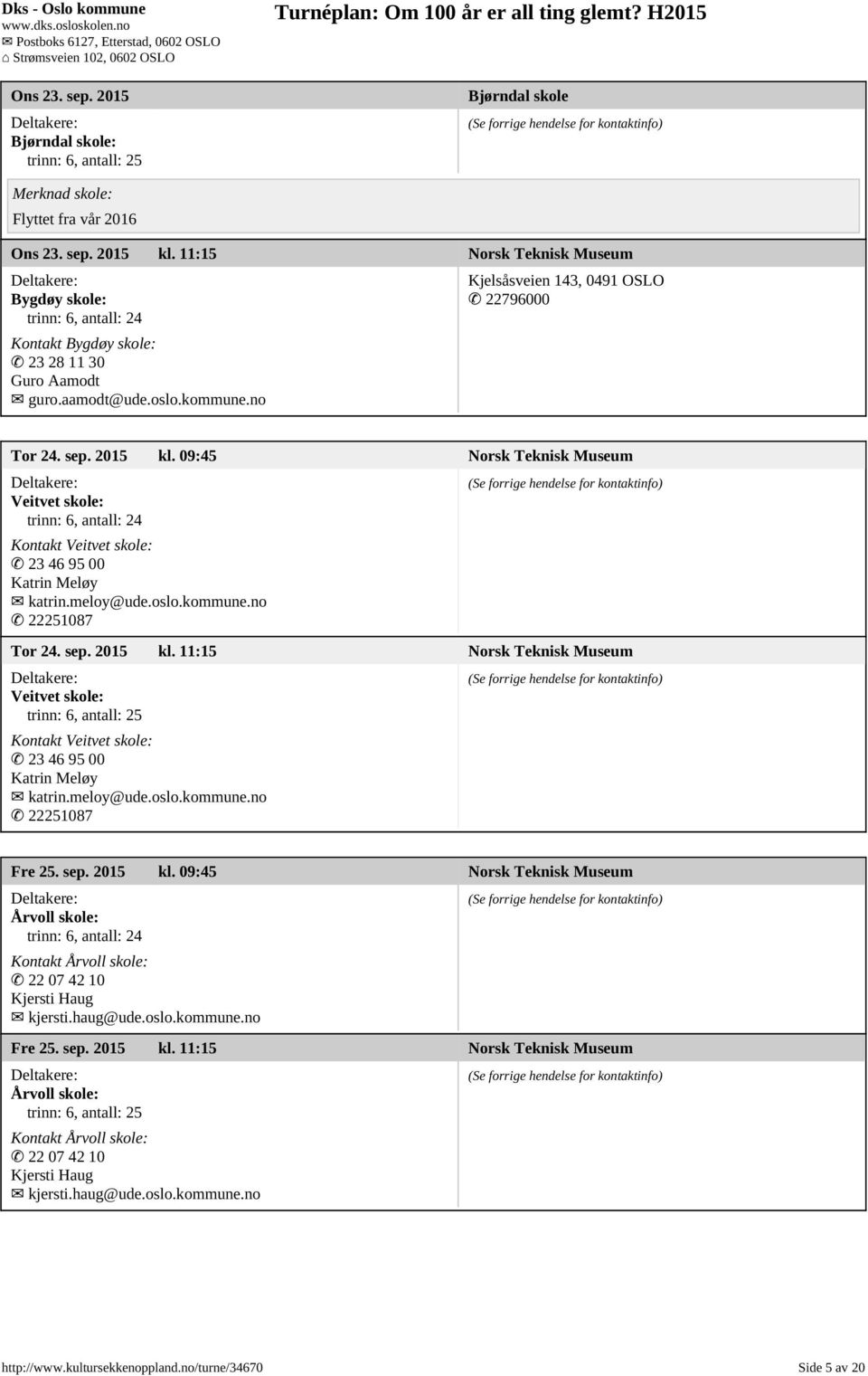 09:45 Norsk Teknisk Museum Veitvet skole: Kontakt Veitvet skole: 23 46 95 00 Katrin Meløy katrin.meloy@ude.oslo.kommune.no 22251087 Tor 24. sep. 2015 kl.