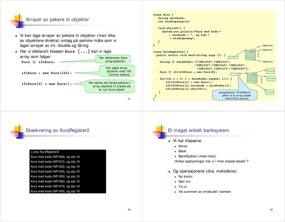 .. kan vi lage array som følger: Kurs [] ifikurs; ifikurs = new Kurs[120]; ifikurs[0] = new Kurs(); Her deklareres bare array-pekeren Her lages arrayobjektet med 120 tomme pekere Her settes det