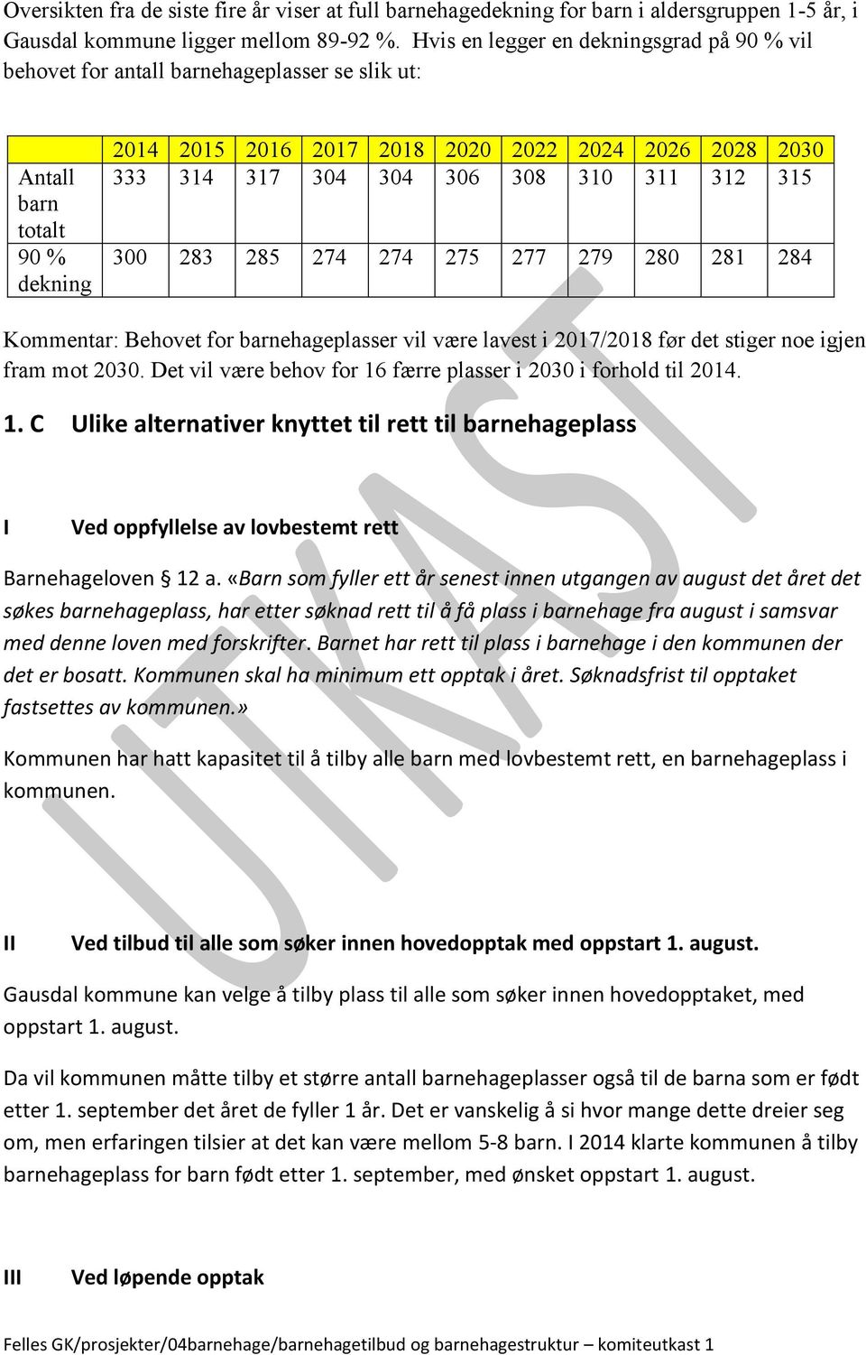 306 308 310 311 312 315 300 283 285 274 274 275 277 279 280 281 284 Kommentar: Behovet for barnehageplasser vil være lavest i 2017/2018 før det stiger noe igjen fram mot 2030.