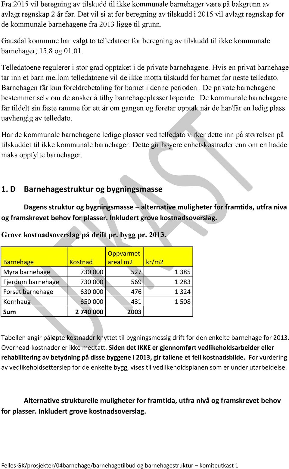 Gausdal kommune har valgt to telledatoer for beregning av tilskudd til kommunale barnehager; 15.8 og 01.01. Telledatoene regulerer i stor grad opptaket i de private barnehagene.