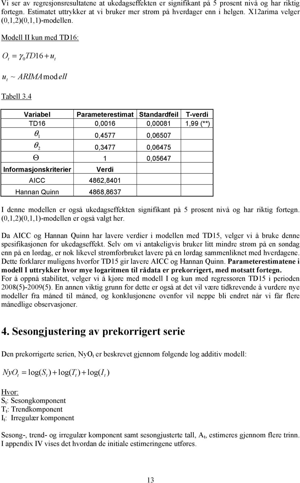 4 Variabel Parameeresima Sandardfeil T-verdi TD6 0,006 0,0008,99 (**) 0,4577 0,06507 0,477 0,06475 Θ 0,05647 Informasjonskrierier Verdi AICC 486,840 Hannan Quinn 4868,867 I denne modellen er også