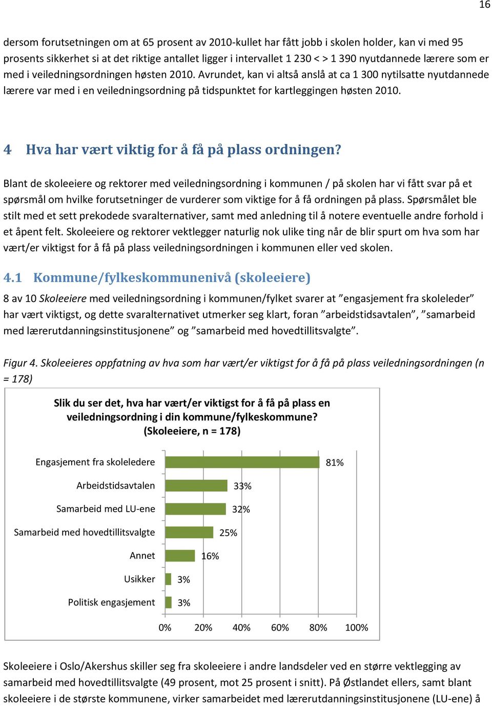 Avrundet, kan vi altså anslå at ca 1 300 nytilsatte nyutdannede lærere var med i en veiledningsordning på tidspunktet for kartleggingen høsten 2010. 4 Hva har vært viktig for å få på plass ordningen?