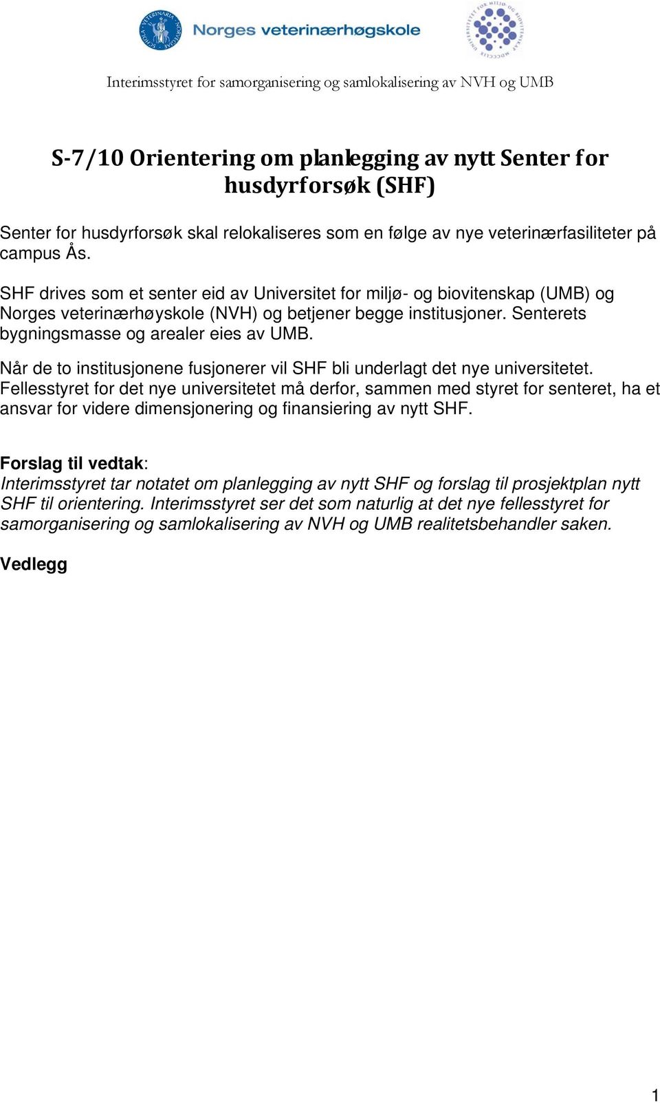 Senterets bygningsmasse og arealer eies av UMB. Når de to institusjonene fusjonerer vil SHF bli underlagt det nye universitetet.