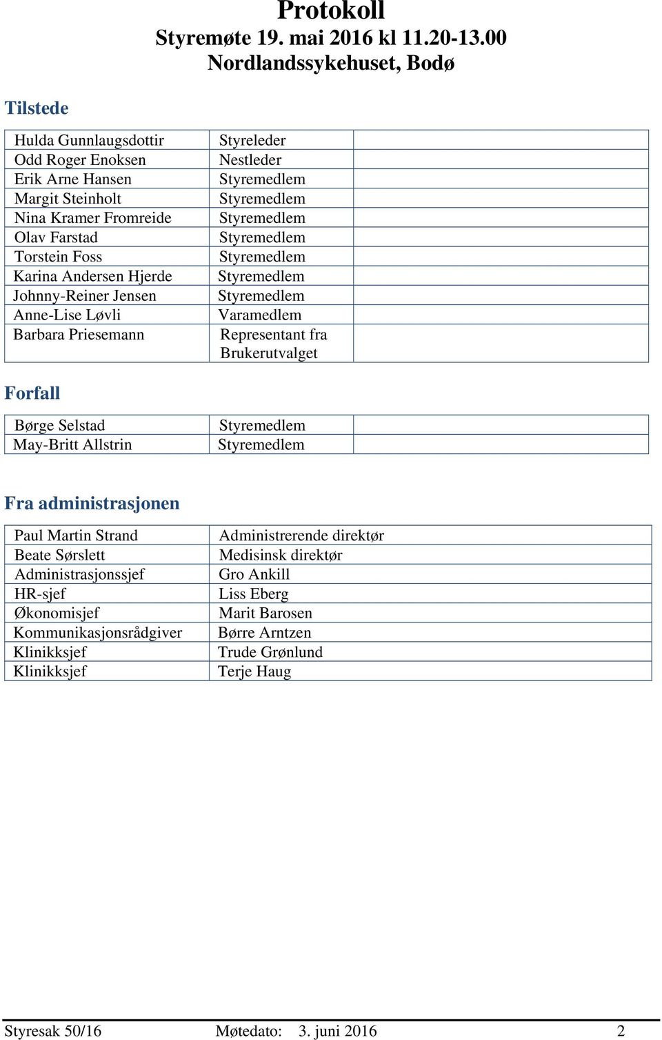 Andersen Hjerde Johnny-Reiner Jensen Anne-Lise Løvli Barbara Priesemann Styreleder Nestleder Varamedlem Representant fra Brukerutvalget Forfall Børge Selstad May-Britt