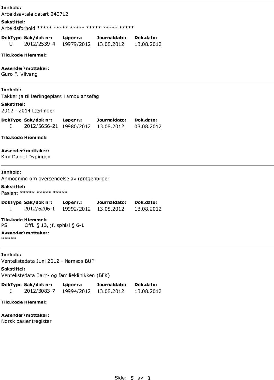 Anmodning om oversendelse av røntgenbilder Pasient ***** ***** ***** 2012/6206-1 19992/2012 ***** Ventelistedata