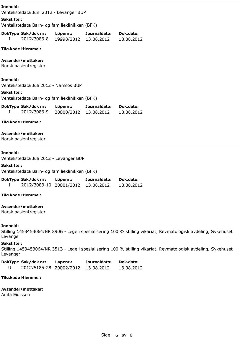 familieklinikken (BFK) 2012/3083-10 20001/2012 Norsk pasientregister Stilling 1453453064/NR 8906 - Lege i spesialisering 100 % stilling vikariat, Revmatologisk avdeling,