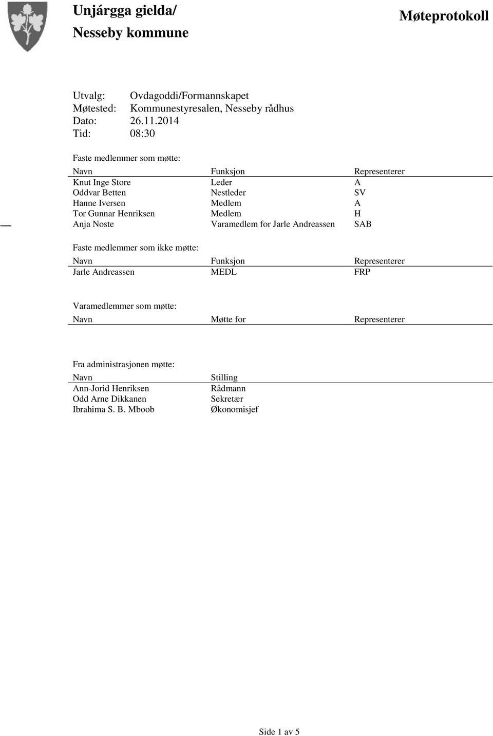 Henriksen Medlem H Anja Noste Varamedlem for Jarle Andreassen SAB Faste medlemmer som ikke møtte: Navn Funksjon Representerer Jarle Andreassen MEDL FRP