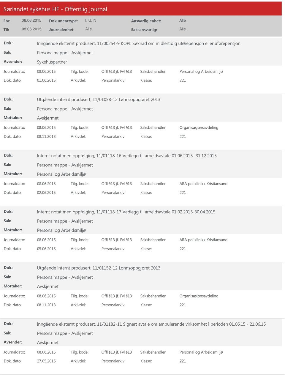 06.2015-31.12.2015 Personalmappe - ARA poliklinikk Kristiansand Dok. dato: 02.06.2015 Arkivdel: Personalarkiv Internt notat med oppfølging, 11/01118-17 Vedlegg til arbeidsavtale 01.02.2015-30.04.