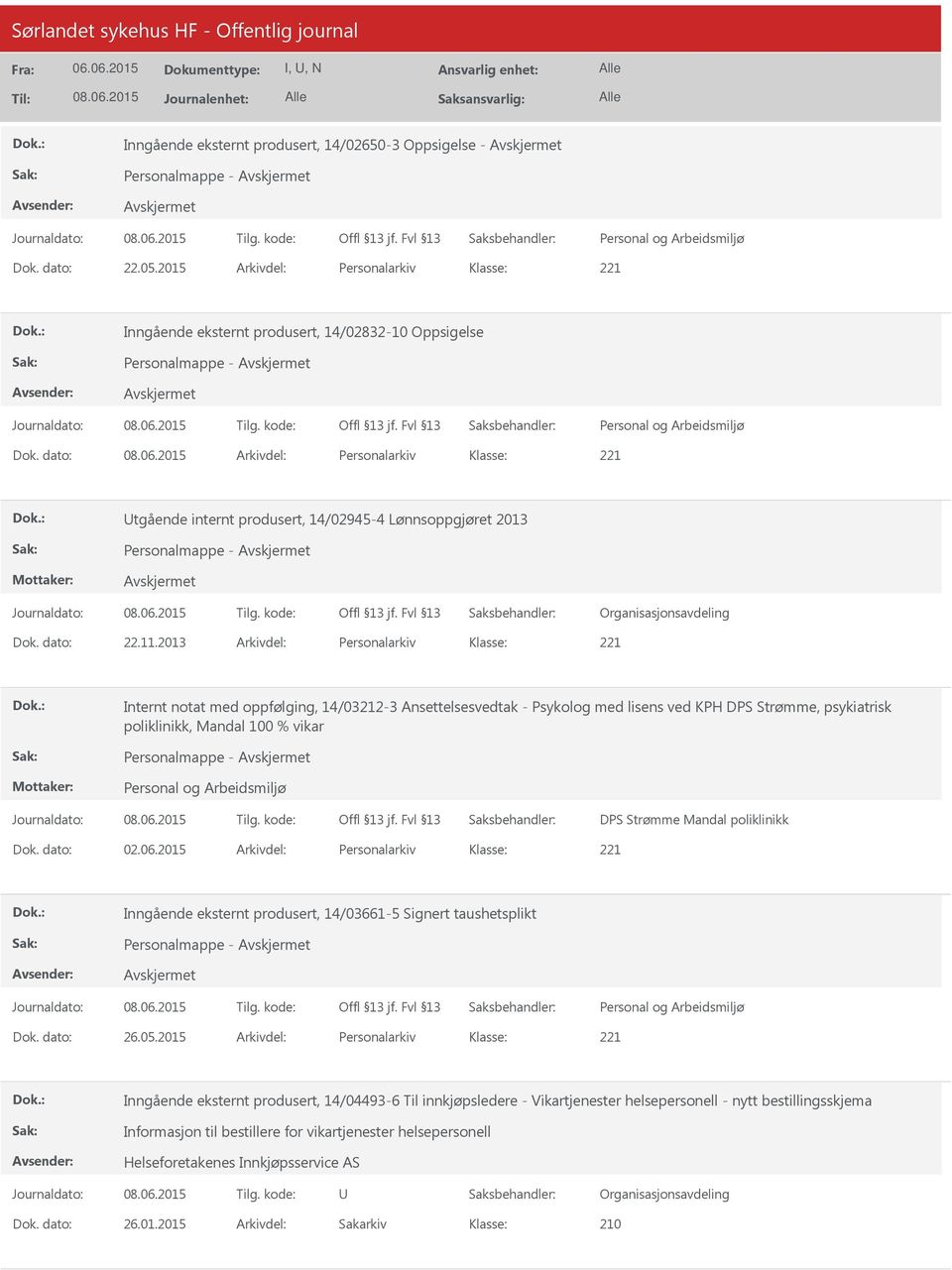 2013 Arkivdel: Personalarkiv Internt notat med oppfølging, 14/03212-3 Ansettelsesvedtak - Psykolog med lisens ved KPH DPS Strømme, psykiatrisk poliklinikk, Mandal 100 % vikar Personalmappe - DPS